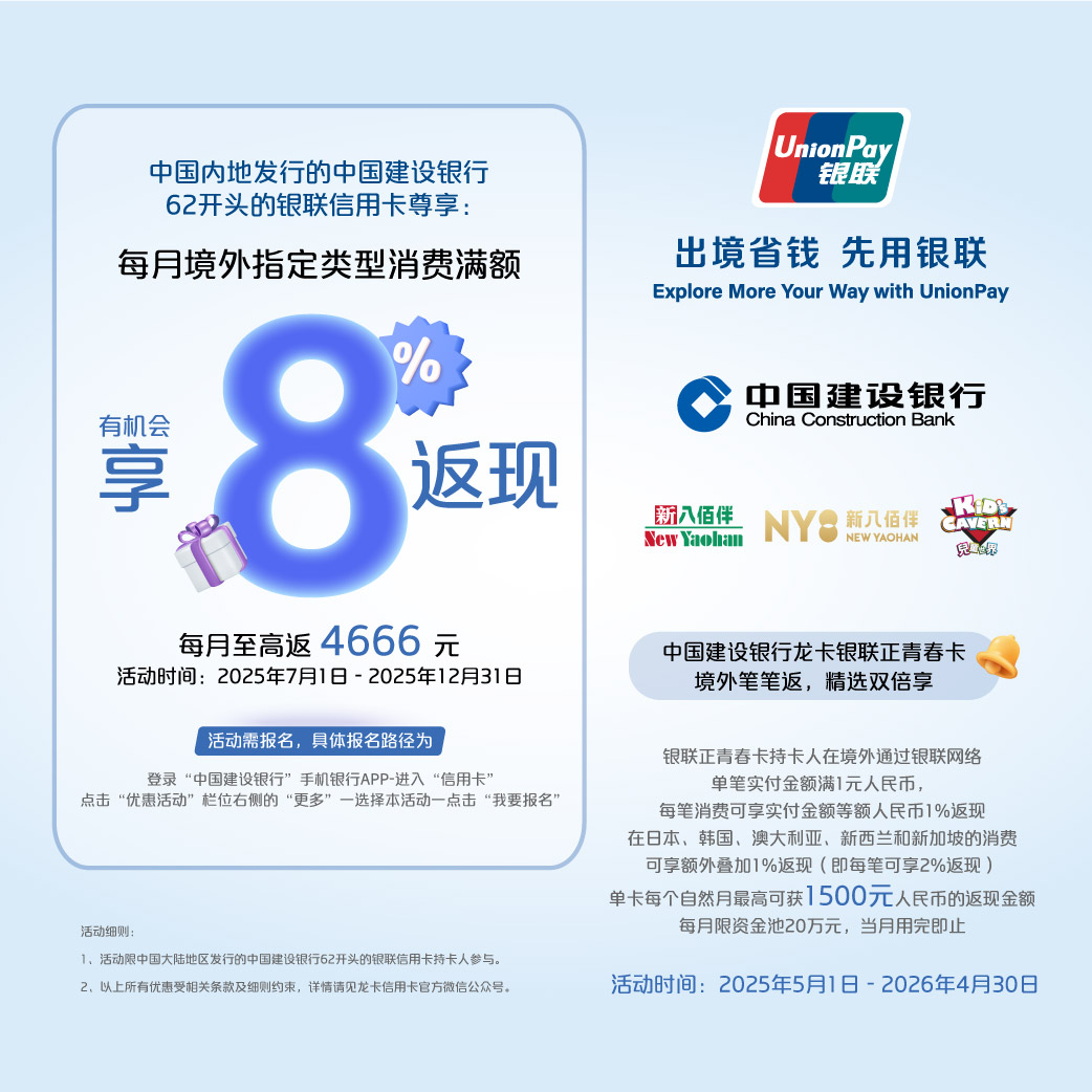 Enjoy cashback on overseas spending with China Construction Bank UnionPay Credit card!